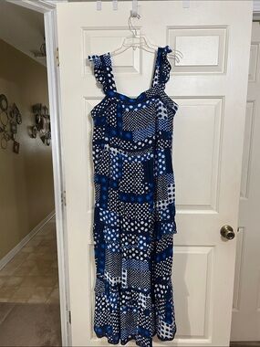 Lane Bryant Blue & White Polka Dot Maxi Dress